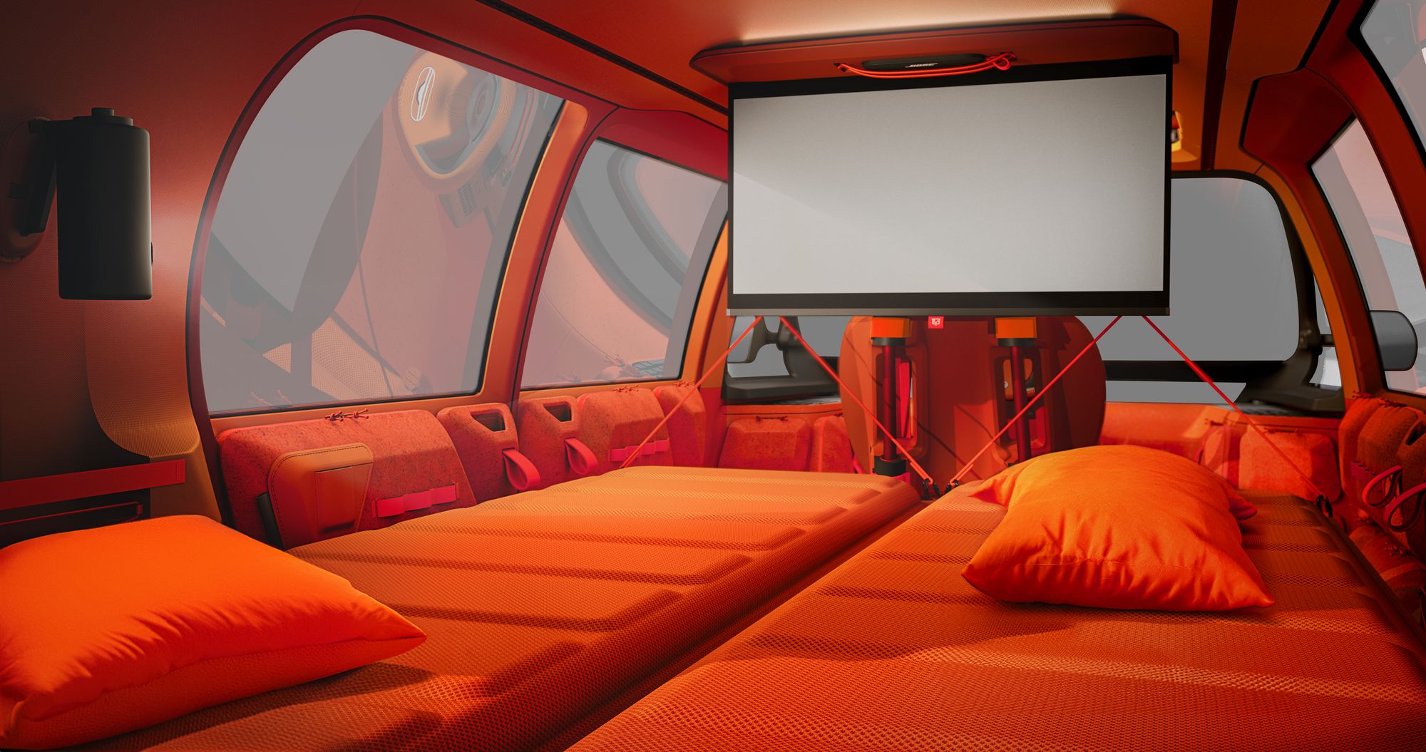 The interior of the Citroen ELO Concept can be converted into a camper van complete with cinema screen
