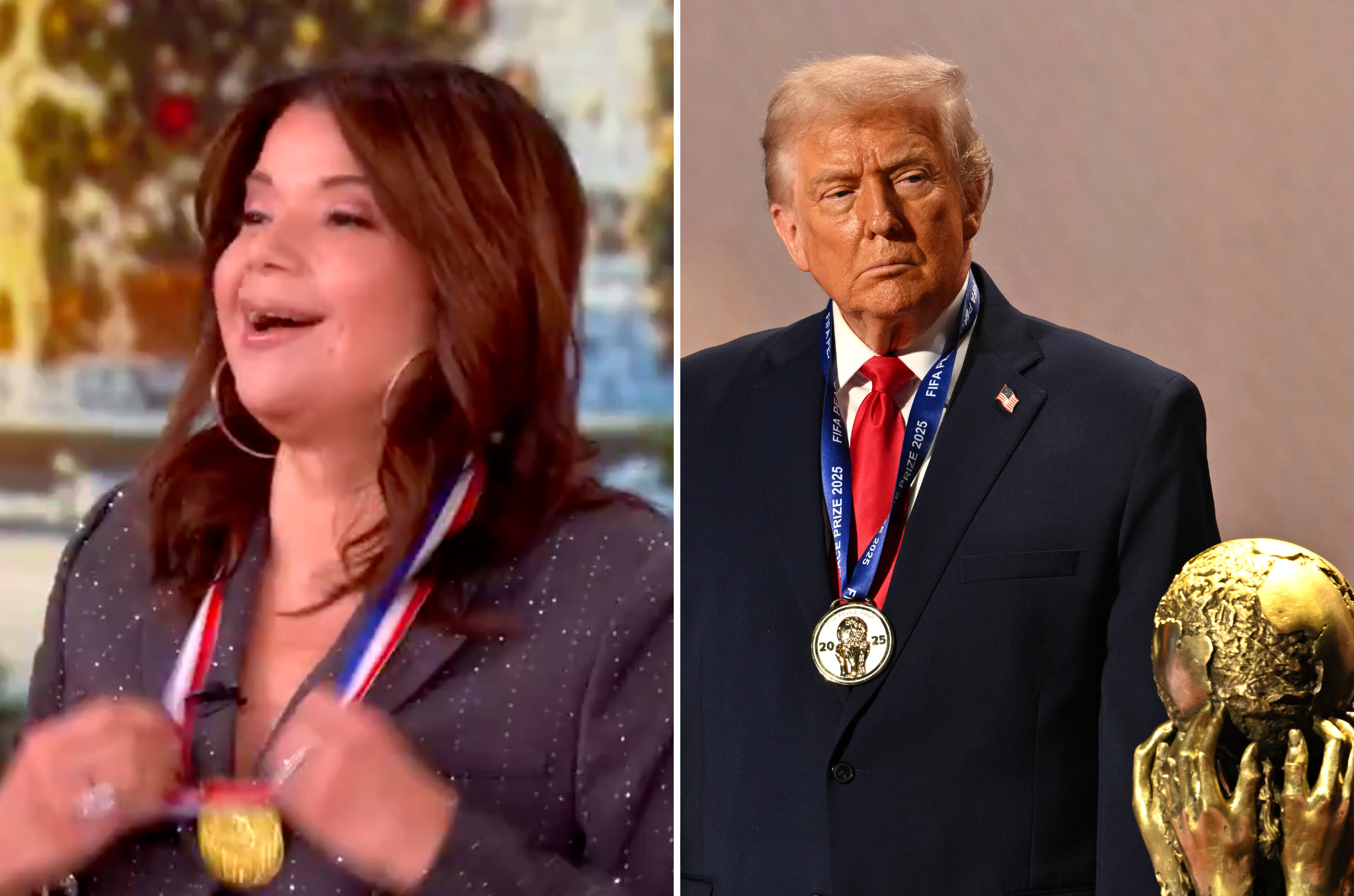 <p>Ana Navarro of 'The View' wears a fake medal to mock Trump's Fifa Peace Prize</p>