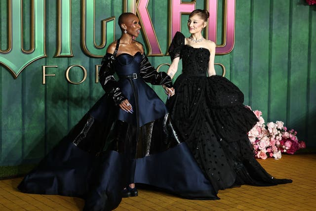 <p>Cynthia Erivo and Ariana Grande pose on the red carpet upon arrival for the European premiere of <em>Wicked: For Good</em></p>