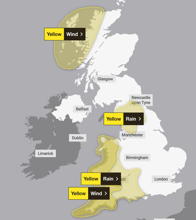 Met Office issues weather warnings for winds up to 70mph and heavy rain ...