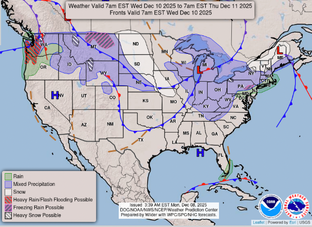 Wednesday’s forecast sees the cold and wet weather in the north of the country continue