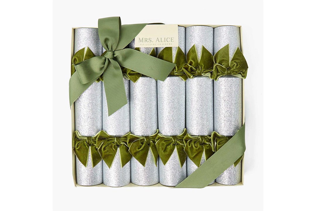 Mrs Alice silver glitter crackers with green velvet bow