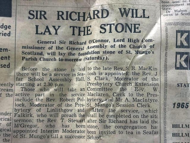 <p>News report from November 6 1964, the day before the foundation stone for St Mungo’s Church was laid</p>
