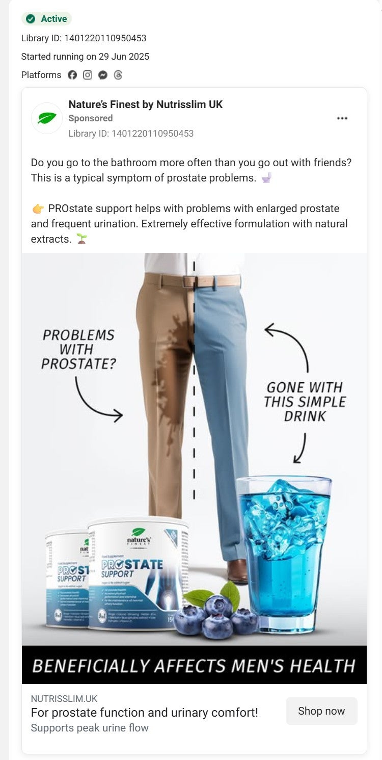 O anúncio da Natures Finest by Nutrisslim apareceu no Meta sugerindo que o suplemento pode ajudar com problemas de próstata