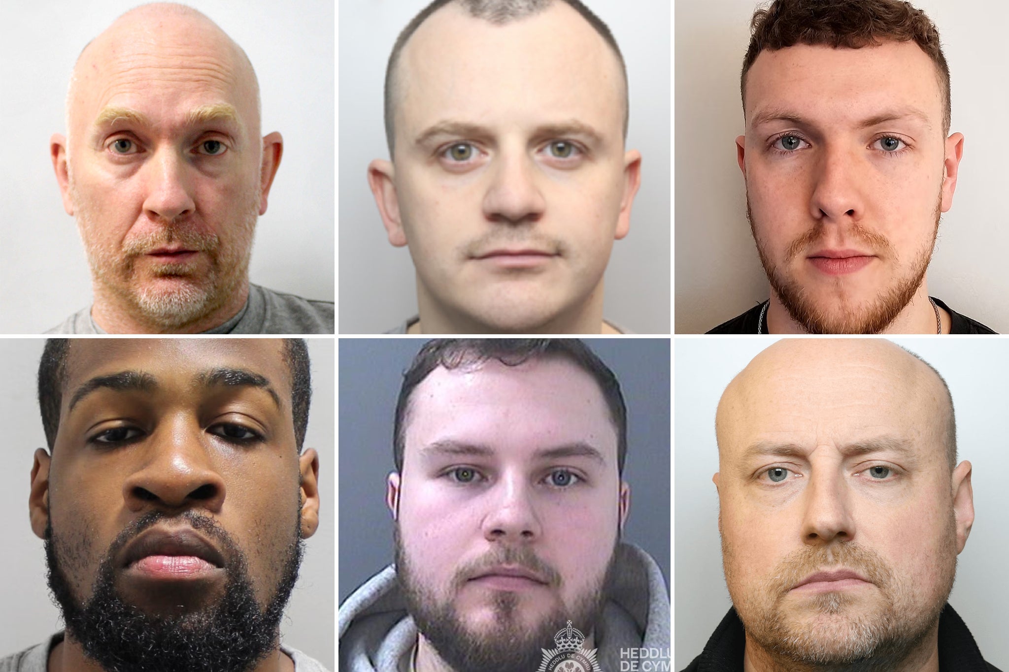 (Clockwise, from top left) Wayne Couzens, Dean Dempster, Ben Bottomley, Cliff Mitchell, Lewis Edwards and Richard Mills – all police officers convicted of at least one sexual offence since the start of 2022