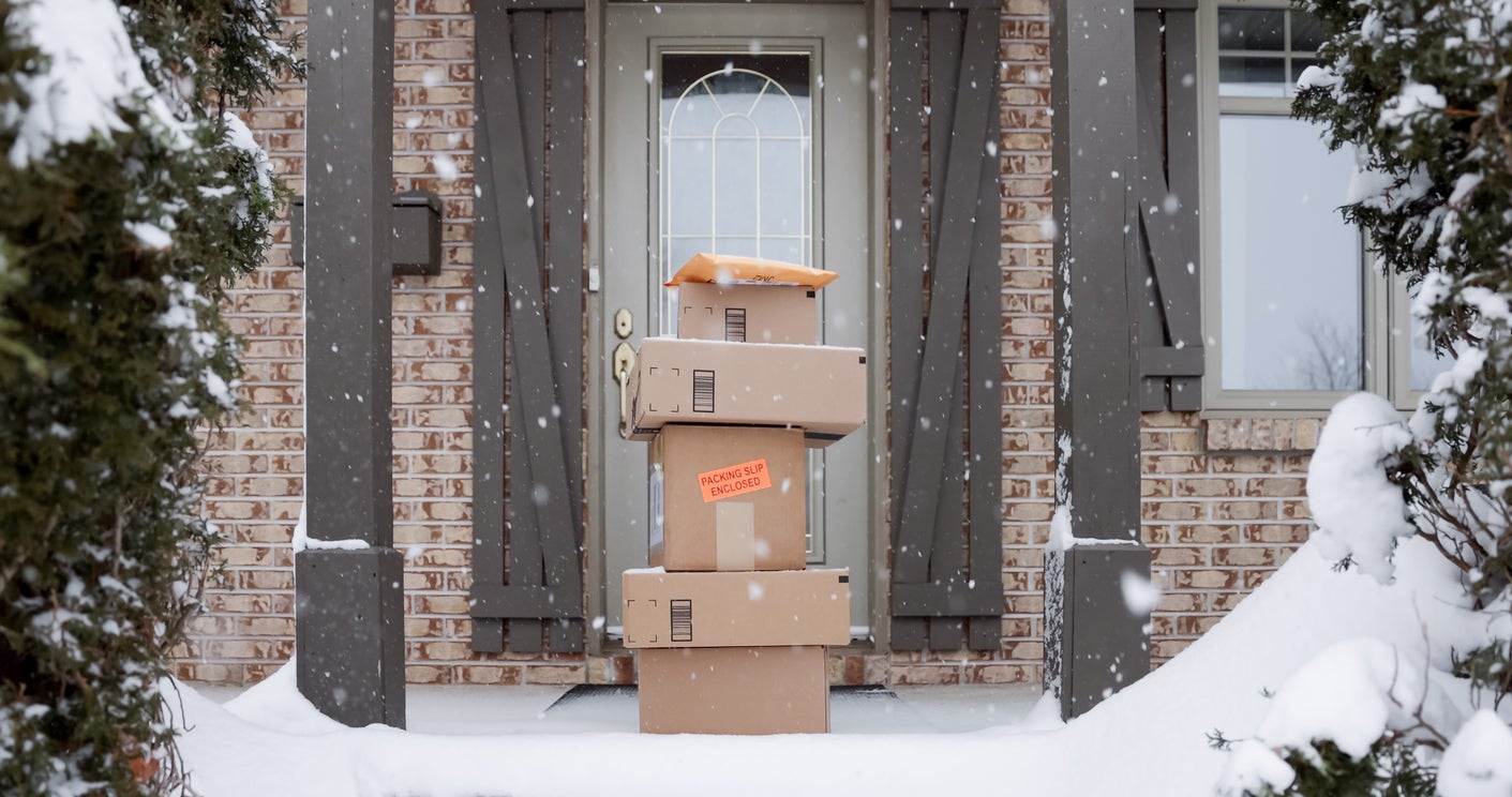 Packages are piled up outside the front door