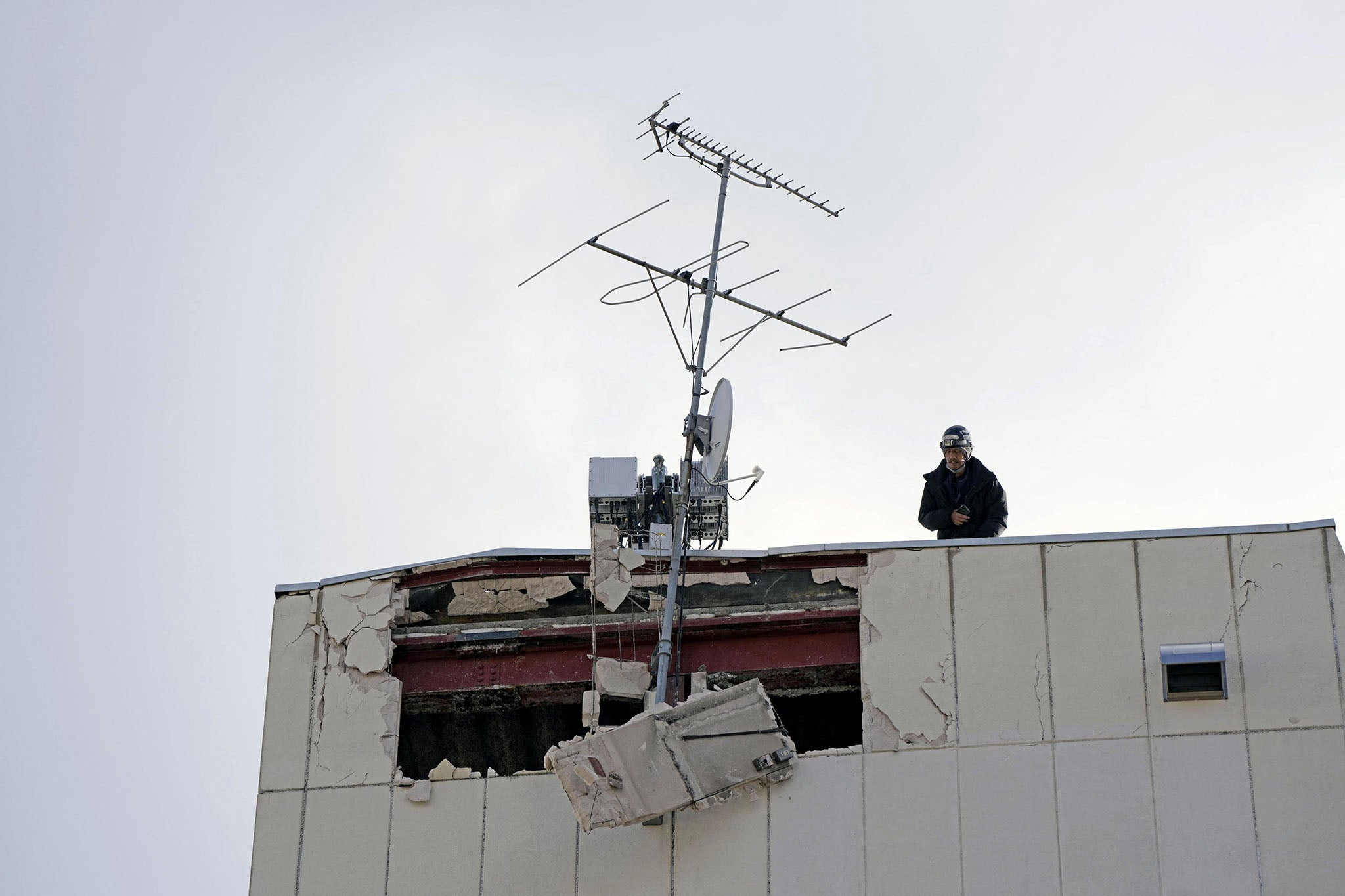 The damaged wall of a building in Hachinohe in Aomori Prefecture, northeastern Japan, on December 9, 2025, following a strong earthquake the previous night in this photo taken by Kyodo.