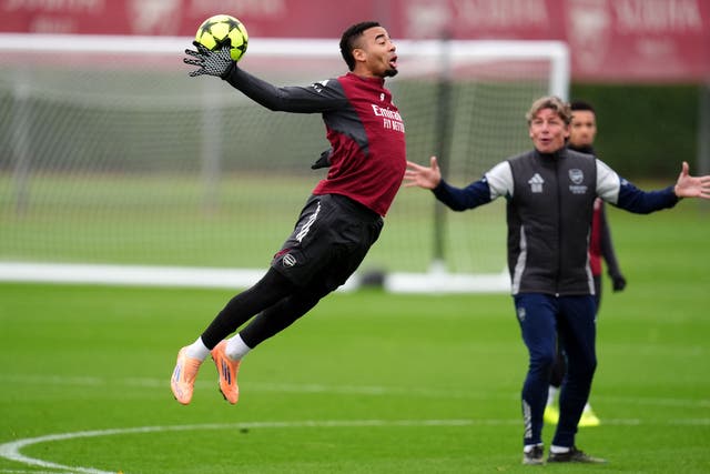 Gabriel Jesus pictured in training for Arsenal on Tuesday (John Walton/PA)