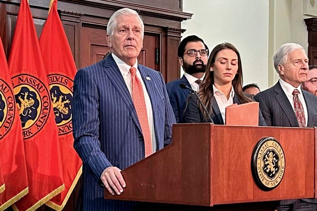 <p>Nassau County Executive Bruce Blakeman, at podium, speaks during a news conference in Mineola, N.Y., March 6, 2024</p>