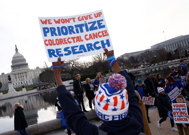 <p>The advocacy group Fight Colorectal Cancer marches to the U.S. Capitol in March 2024 in Washington, D.C. Doctors say popular weight loss drugs have little or no effect on developing colorectal or a dozen other types of cancer tied to obesity</p>