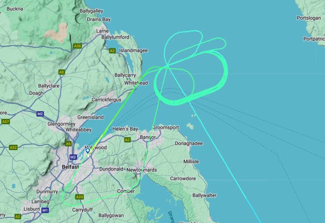<p>Circle game: Flightpath of Aer Lingus service from Manchester to Belfast City, which took nearly two hours longer than normal </p>