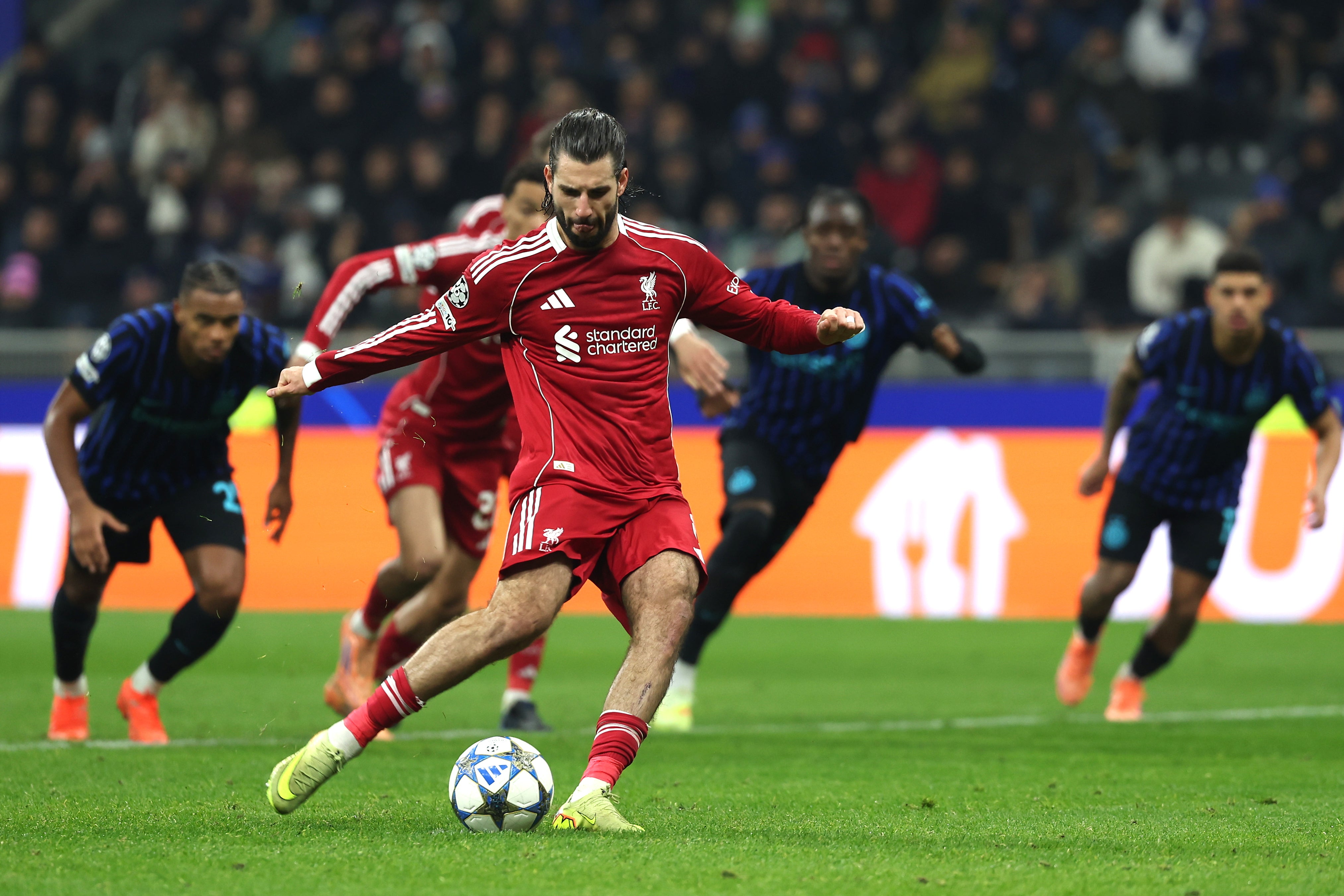 <p>Dominik Szoboszlai scores from the penalty spot </p>