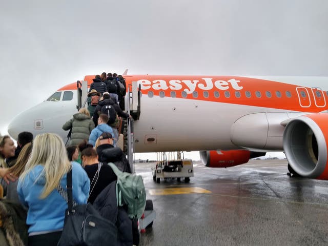 <p>Passengers board an easyJet plane at Bristol airport</p>