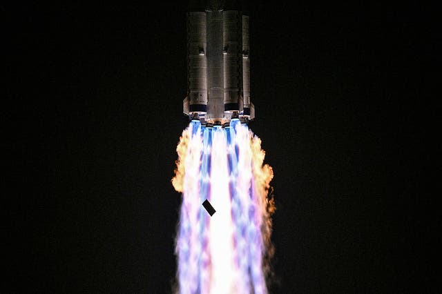 <p>A Long March-2F carrier rocket, carrying the Shenzhou-21 spacecraft and a crew of three astronauts, lifts off from the Jiuquan Satellite Launch Centre in the Gobi desert, in northwest China on 31 October, 2025</p>