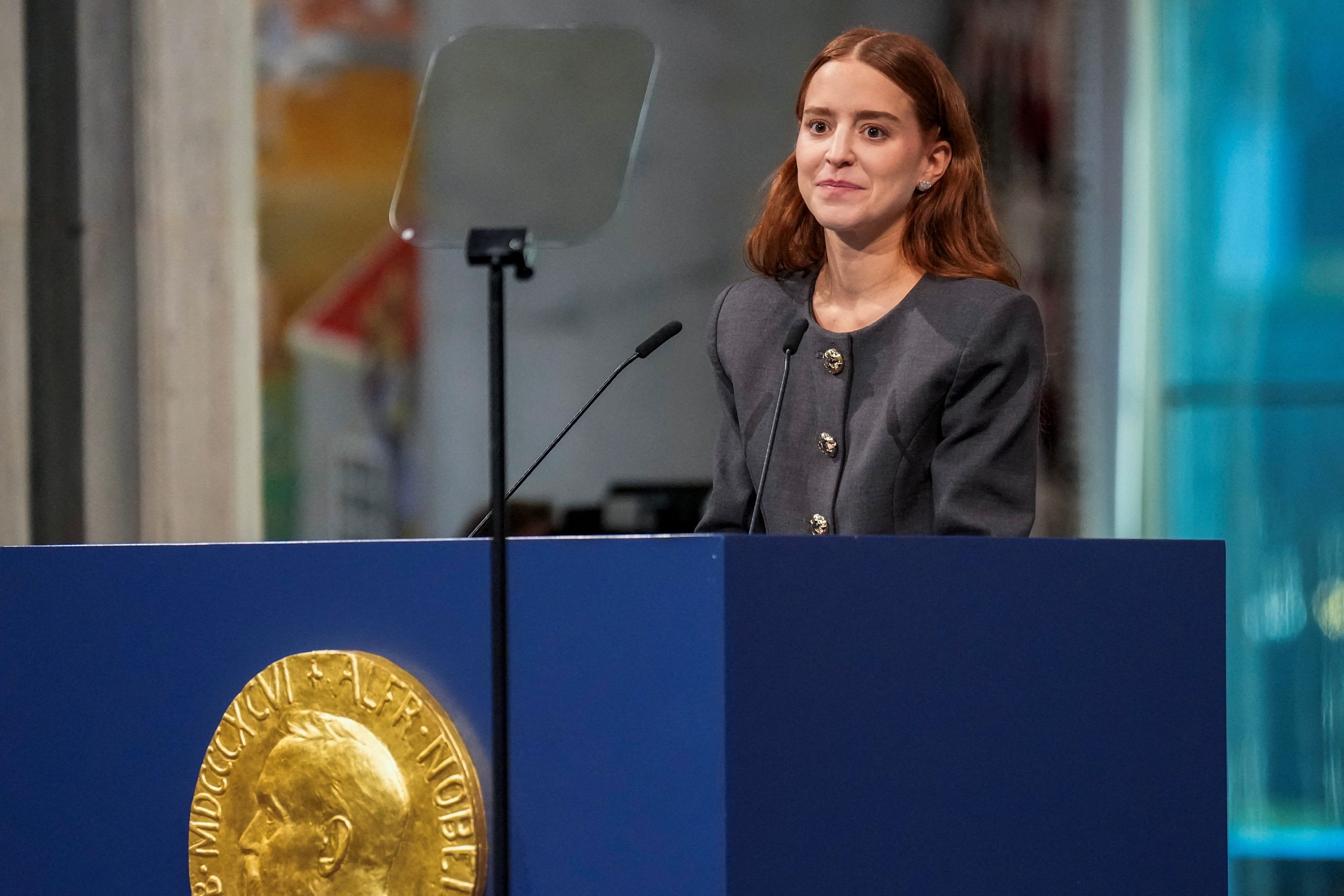 <p>Ana Corina Sosa Machado, daughter of Nobel Peace Prize laureate Maria Corina Machado, speaks after accepting the award on behalf of her mother, during the Nobel Peace Prize award ceremony at Oslo City Hall.</p>