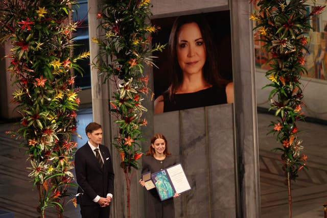 <p>Ana Corina Sosa Machado, daughter of Venezuelan opposition leader Maria Corina Machado, receives the Nobel Peace Prize on behalf of her mother, in Oslo, Norway </p>
