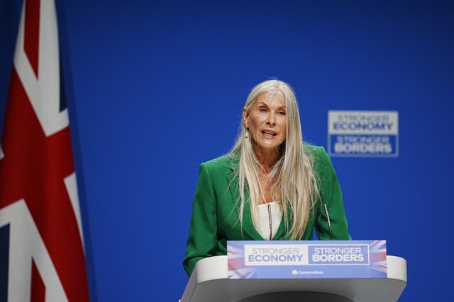 <p>Sharron Davies delivers a speech during the Conservative Party Conference</p>