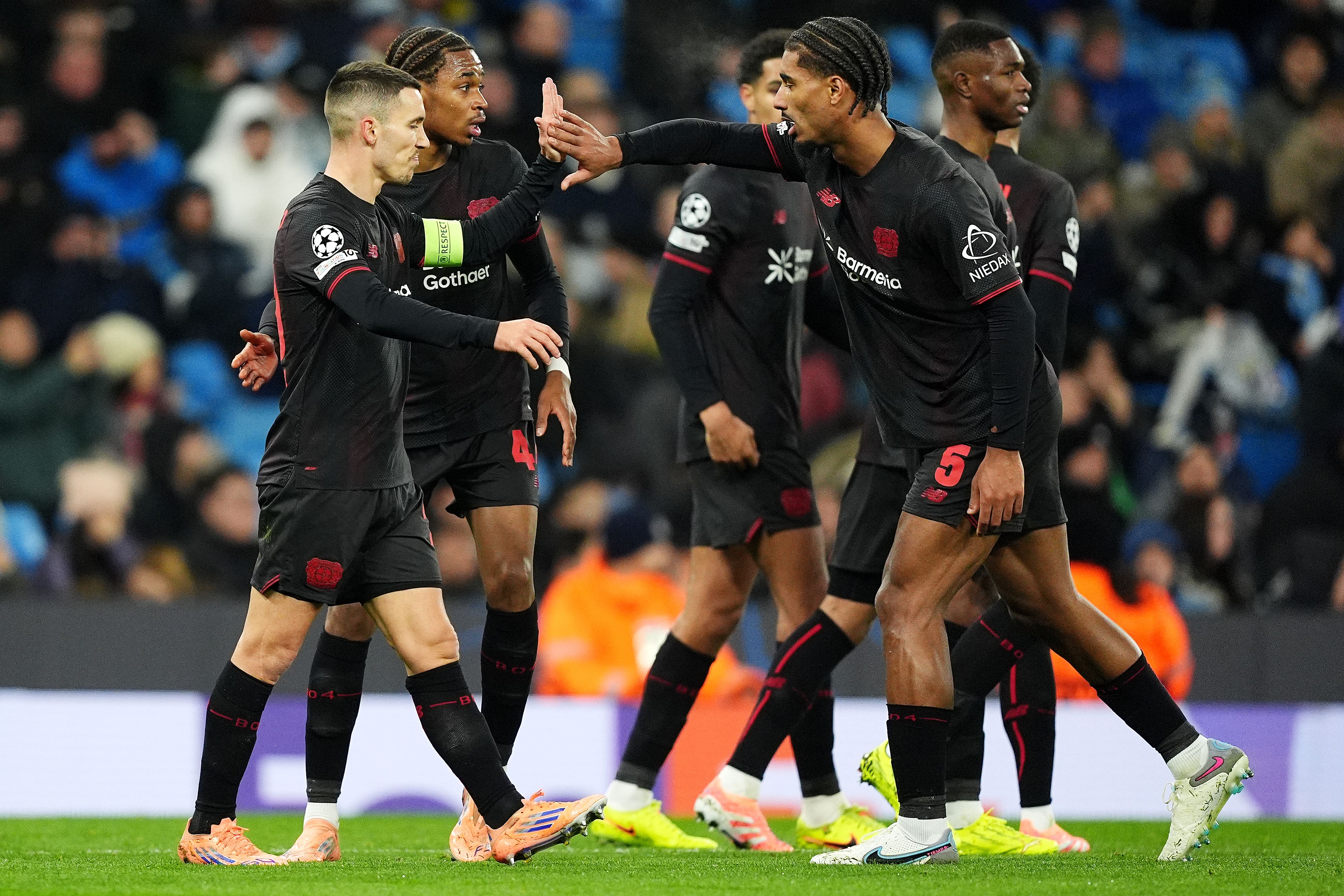 Alex Grimaldo (left) scored Leverkusen’s equaliser (Martin Rickett/PA)