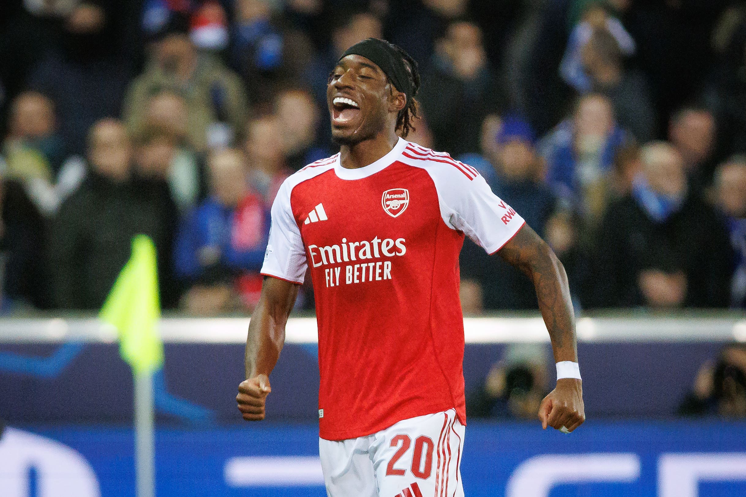 Arsenal’s Noni Madueke celebrates his first goal against Club Brugge (PA Wire/PA Images)