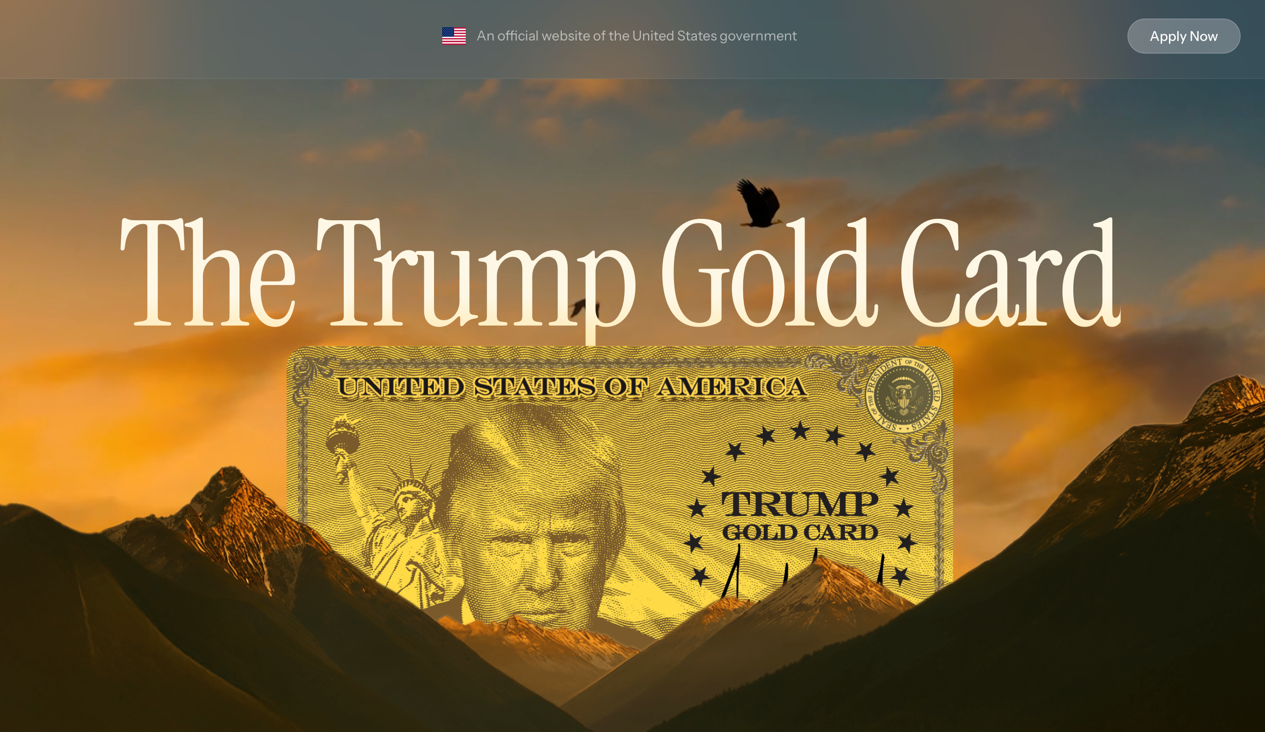 Um retrato do cartão dourado de Trump – com seu rosto – apareceu no site atrás de uma cordilheira com uma águia voando acima. 