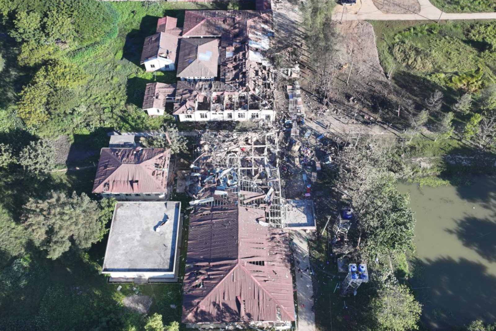 An aerial photo shows damaged buildings at the hospital that was allegedly hit by a military air strike in Mrauk-U township in Rakhine state