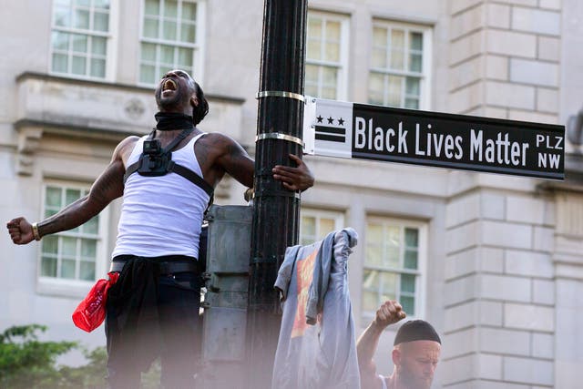 <p>Mike D'angelo screams holding a street sign marking the newly named Black Lives Matter Plaza near the White House during a demonstration after the death of George Floyd in 2020.</p>