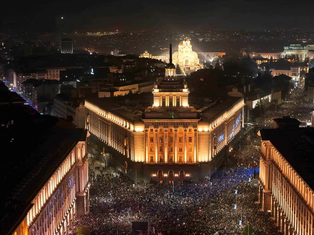 <p>A drone view shows protesters demonstrating outside the parliament during an anti-government rally, in Sofia, Bulgaria</p>