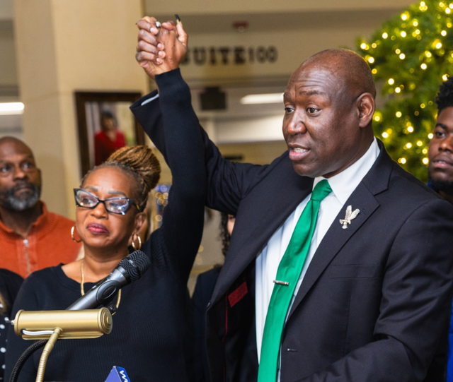 <p>Attorney Ben Crump with the widow of reverend Lewis Butler, who was shot in an attempted armed robbery in Florida in November 2023. The security guard’s family has been awarded a $779 million payout</p>