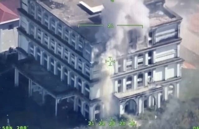 <p>A drone view shows smoke rising from a building near the Trat and Thmar Dar border between Thailand and Cambodia</p>