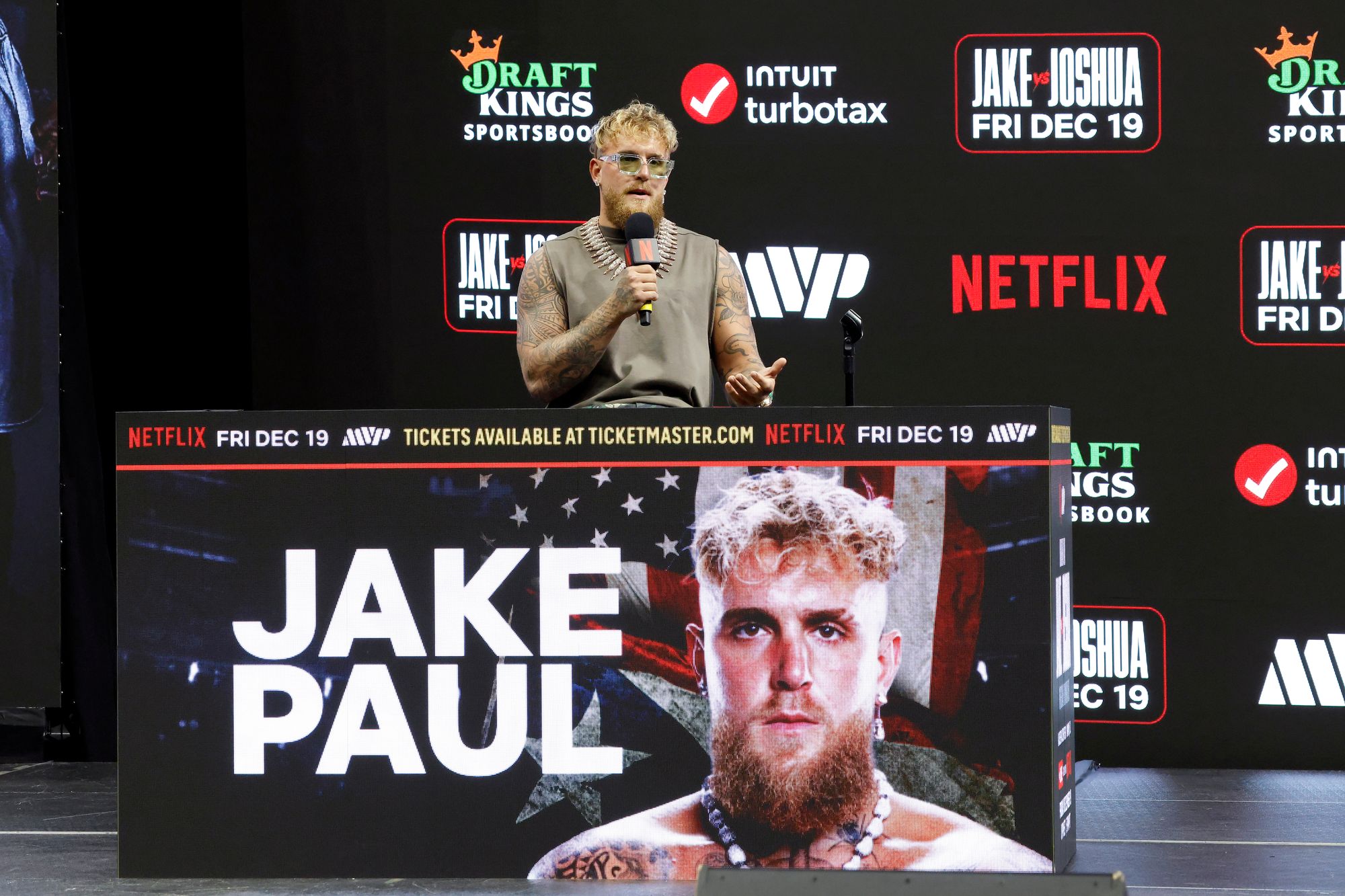 Jake Paul at the launch press conference for his fight with Anthony Joshua