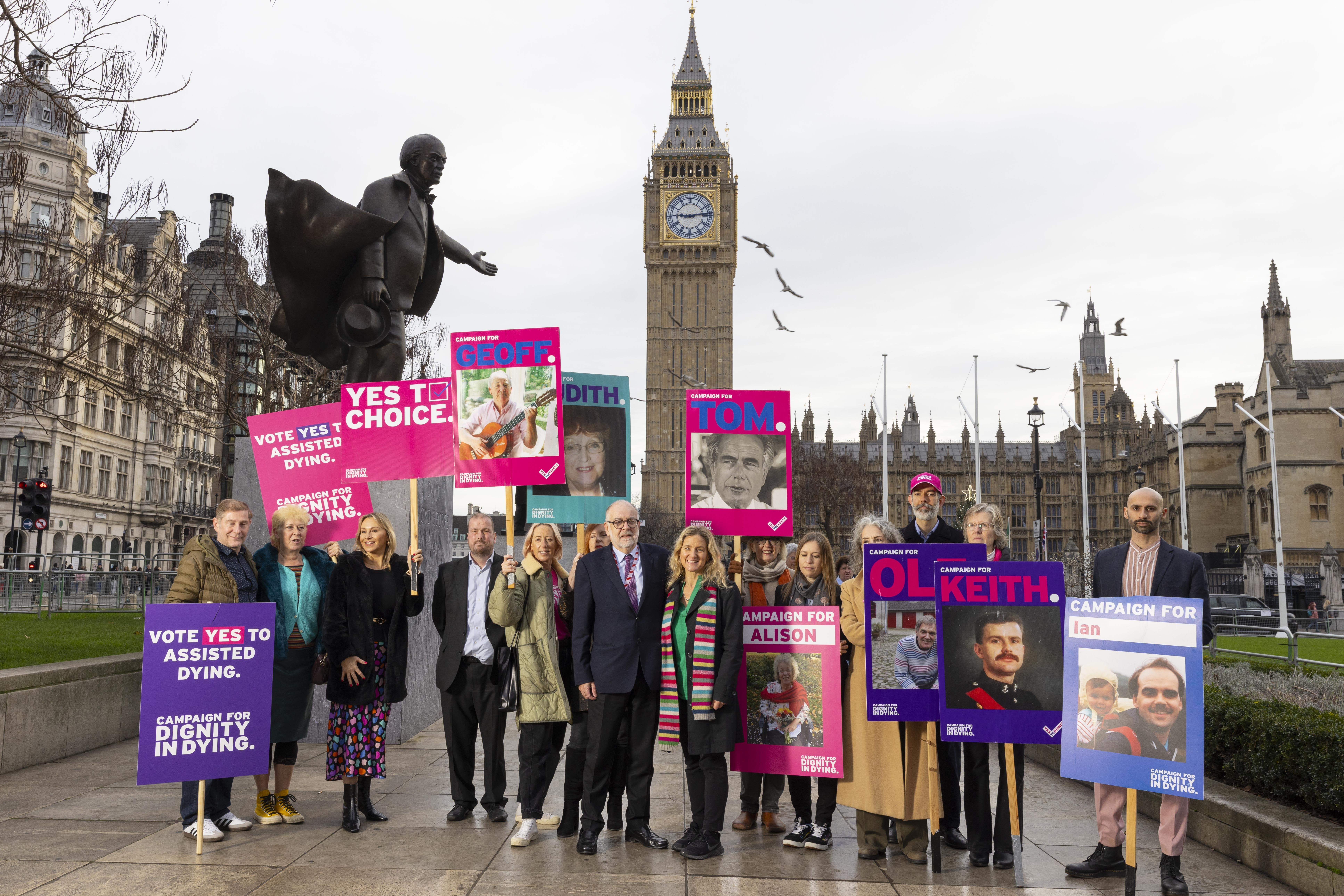 Lord Falconer of Thornton and Kim Leadbeater MP join Dignity in Dying campaigners in Parliament Square, London (David Parry Media Assignments/PA)
