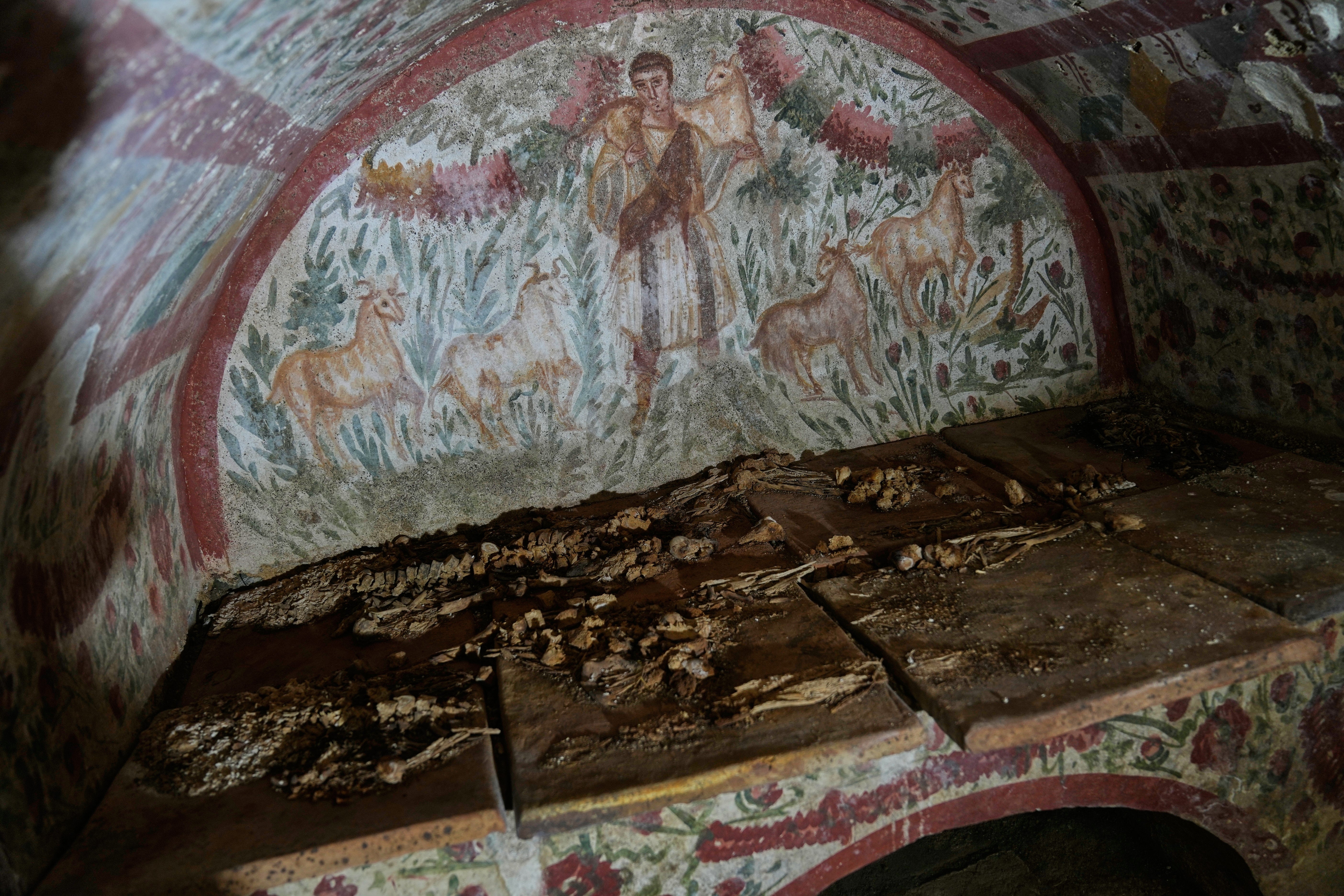 A fresco depicting Jesus as the "Good Shepherd" adorns the wall of a tomb in Turkey
