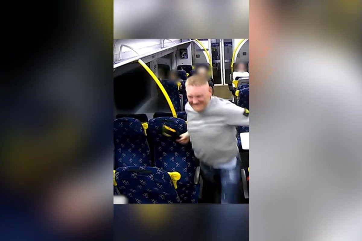 Image for Terrifying moment train passenger launches bottle attack on strangers