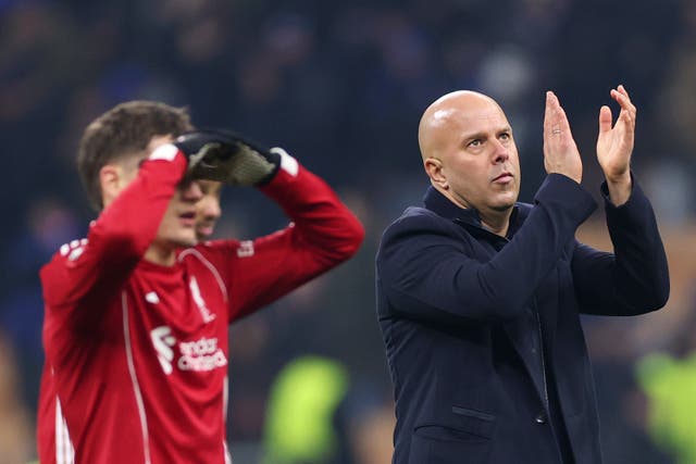 <p>Arne Slot, Liverpool manager, applauds the fans following the team’s victory</p>