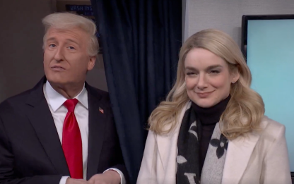 <p>James Austin Johnson plays Donald Trump and Ashley Padilla plays Karoline Leavitt on Saturday Night Live</p>
