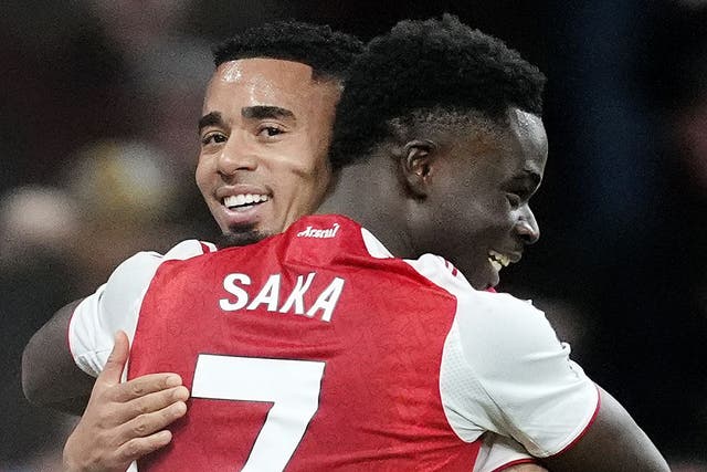 Gabriel Jesus (left) celebrates with Bukayo Saka following Arsenal’s late winner (Nick Potts/PA)