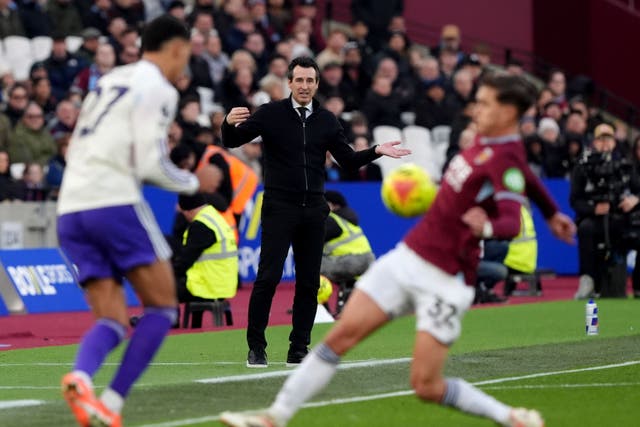 Unai Emery’s (centre) Aston Villa came from behind to beat West Ham on Sunday (Jonathan Brady/PA)