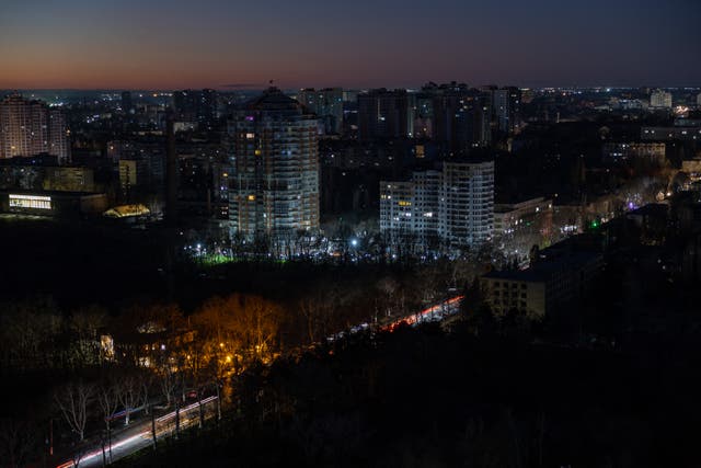 <p>This photograph shows a general view of the southern city of Odesa, where some neighborhoods are without power on December 13</p>