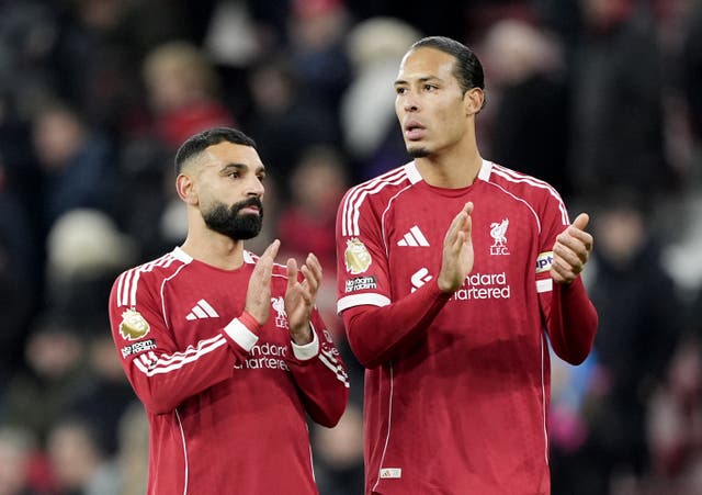 <p>Virgil van Dijk (right) is unsure if Mohamed Salah will remain at Liverpool </p>