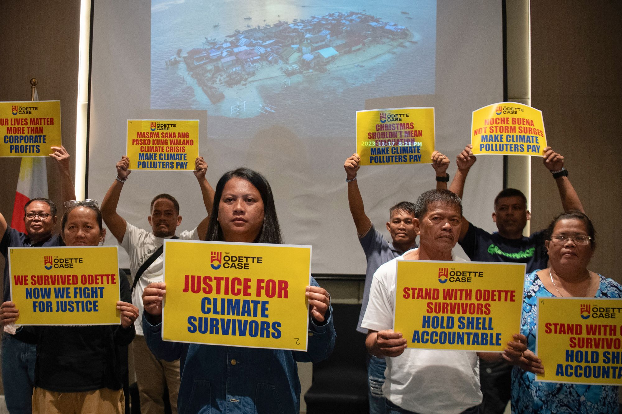 <p>Survivors of Super Typhoon Rai at a press conference in Manila</p>