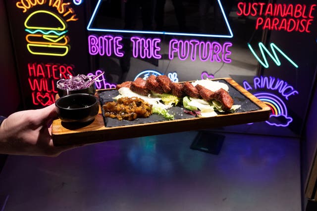 <p>Plant-based 3D-printed sliced meat are served at Impact Food restaurant in Rome</p>