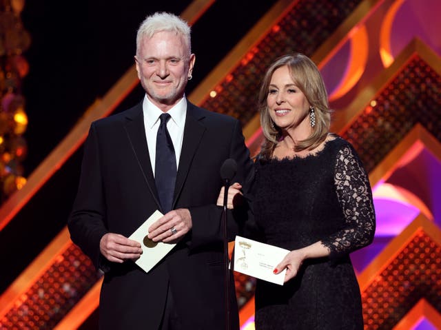 <p>Anthony Geary with his longtime 'General Hospital' screen partner Genie Francis at the Daytime Emmys in April 2015</p>