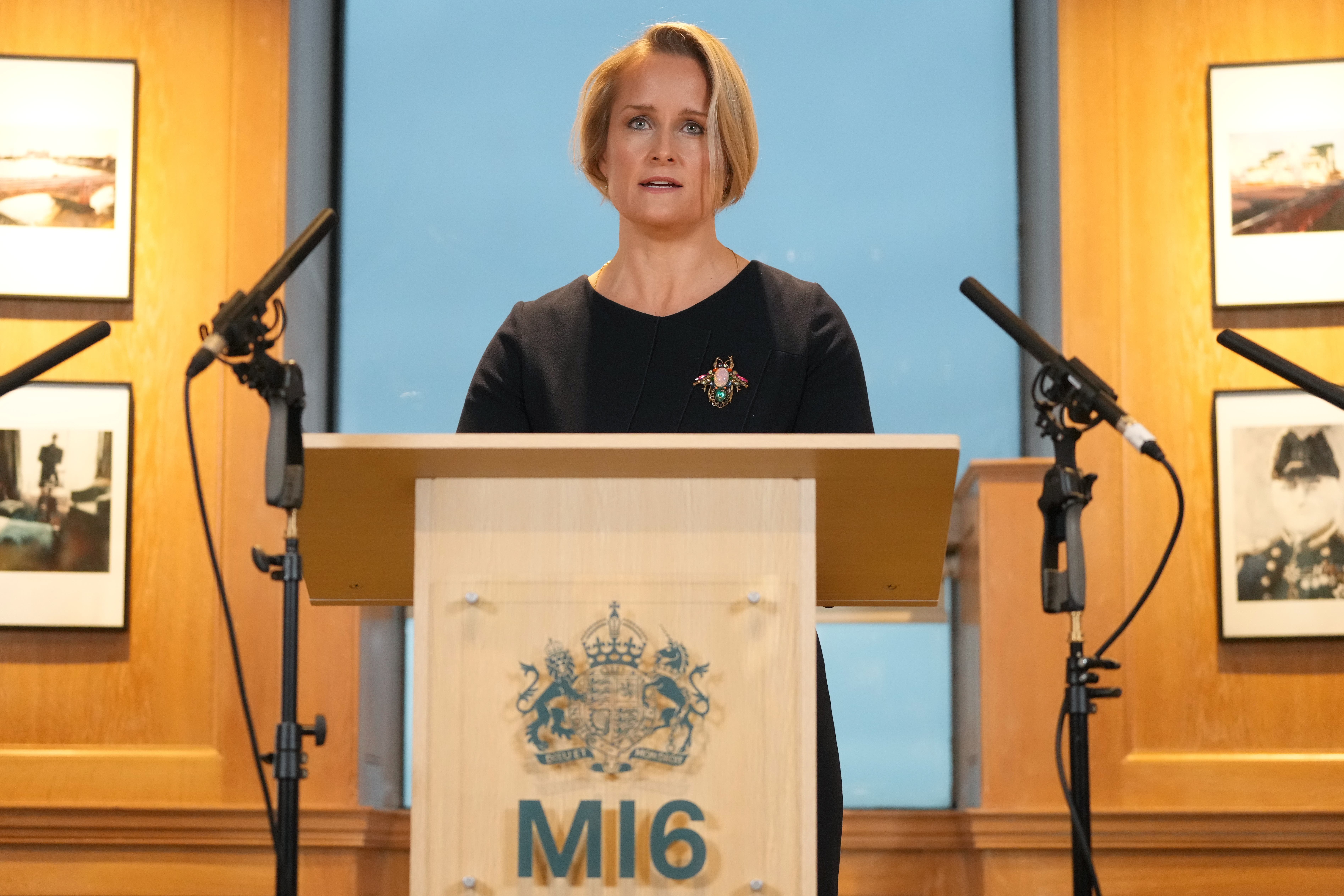New head of MI6 Blaise Metreweli delivering her first major public speech at the headquarters of MI6 (Kirsty Wigglesworth/PA)
