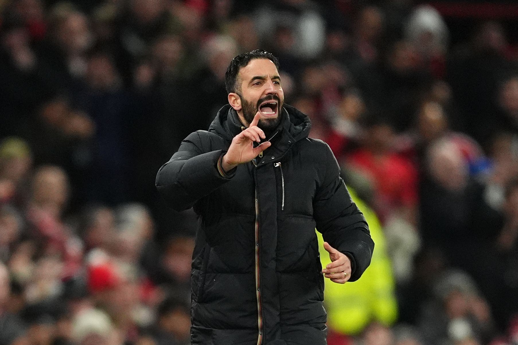 <p>Manchester United manager Ruben Amorim had to set up his team without Noussair Mazraoui on Monday (Martin Rickett/PA)</p>