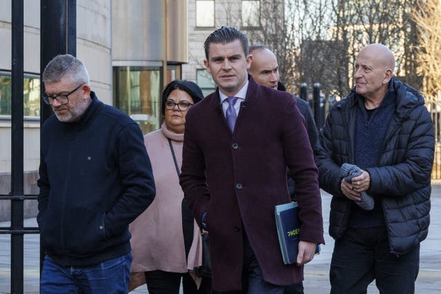From left, James Bradley, father of Morgan Barnard, Ciara Currie, mother of Connor Currie, solicitor Darragh Mackin, Eamonn Currie, father of Connor Currie, Eddie Barnard, uncle of Morgan Barnard outside Belfast Coroner’s Court, after the preliminary inquest hearing (Liam McBurney/PA)