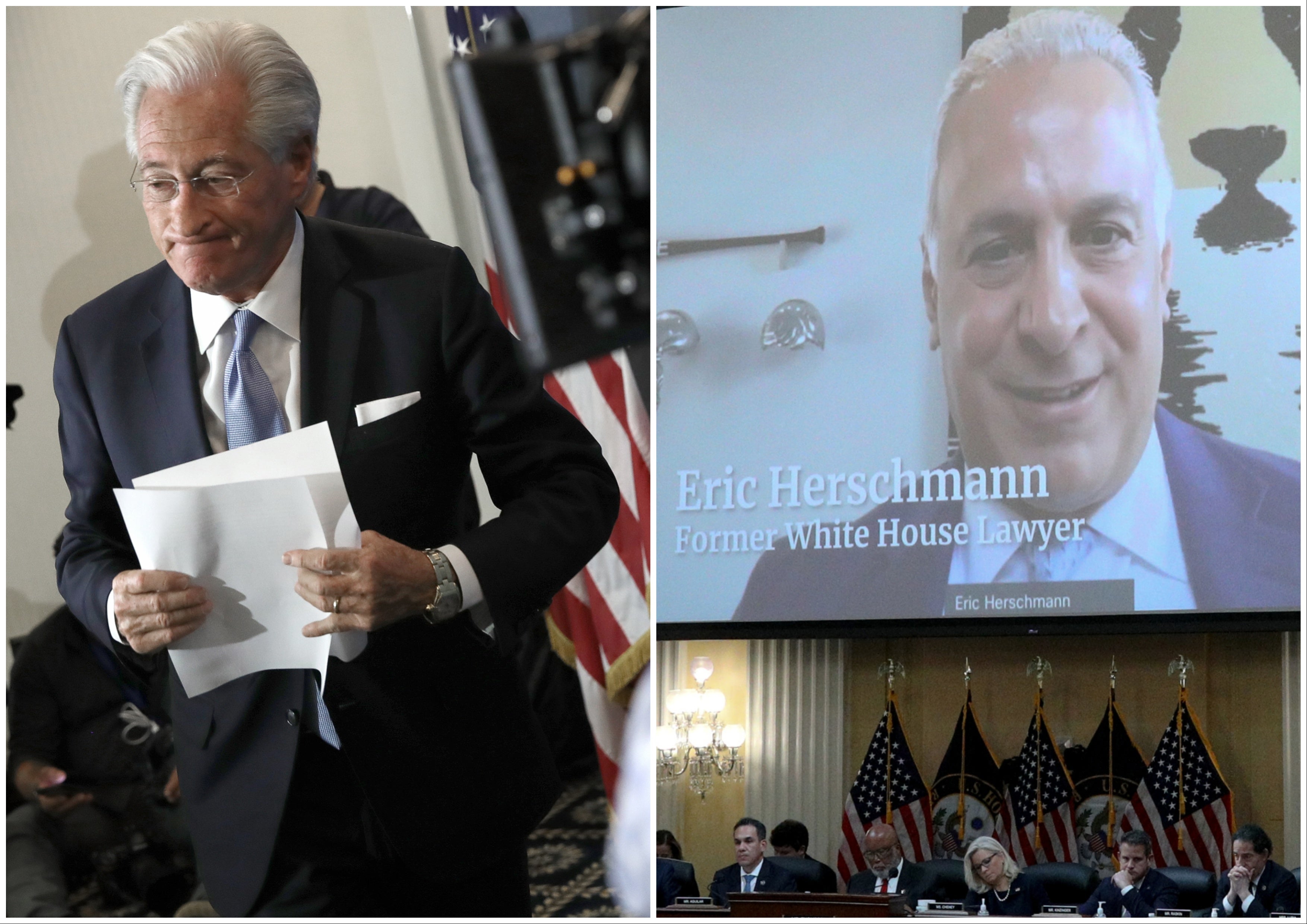 <p>Attorneys Marc Kasowitz (left), who defended Trump during the investigation into Russian election interference, and Eric Herschmann (right), who defended Trump during his first impeachment trial, are now at war over money.</p>