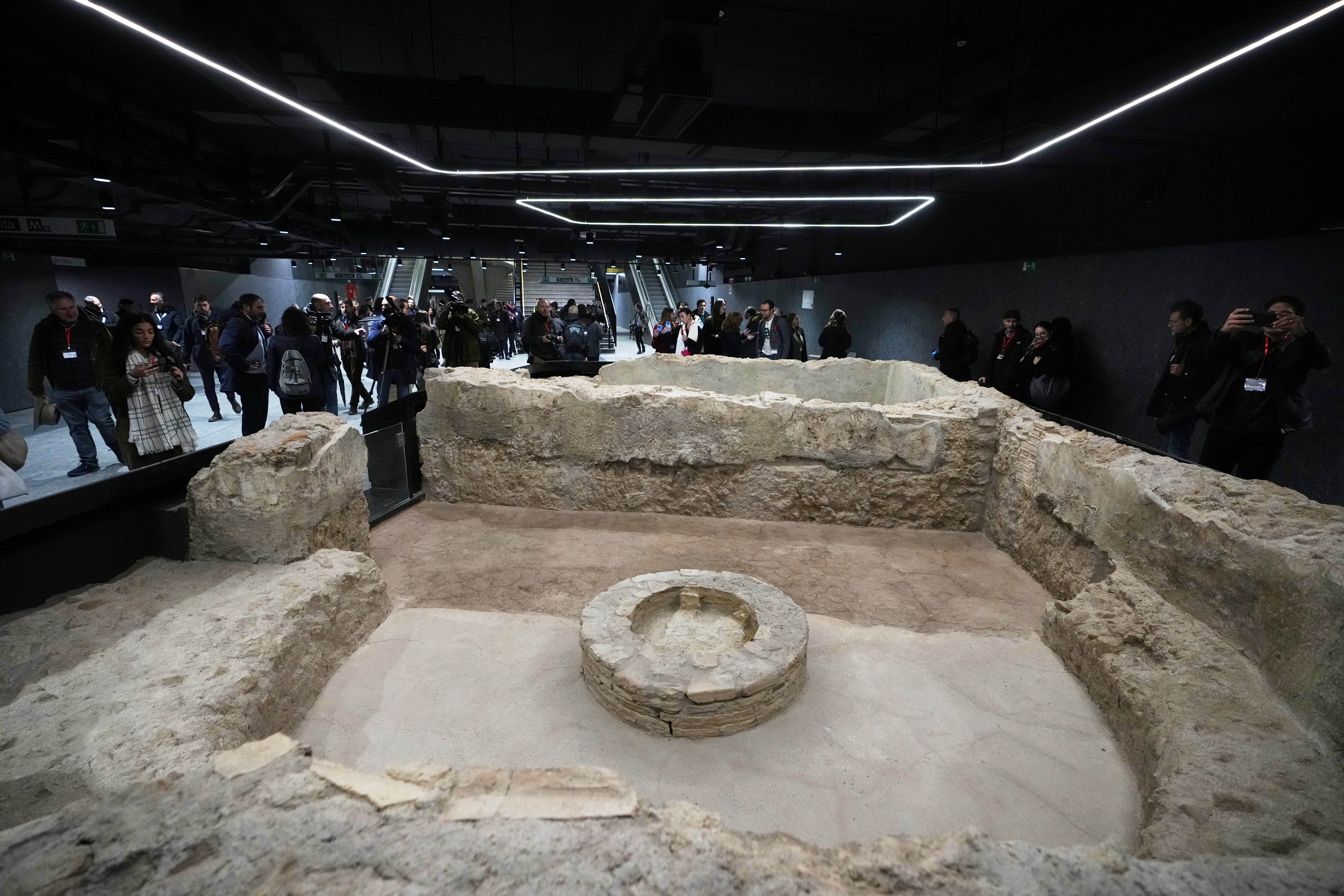 Ancient Roman finds backing to the 2nd century BC are on display in the 'Colosseo' new subway station, designed as a museum to showcase the archaeological finds uncovered during its construction, in Rome, Tuesday, Dec. 16, 2025