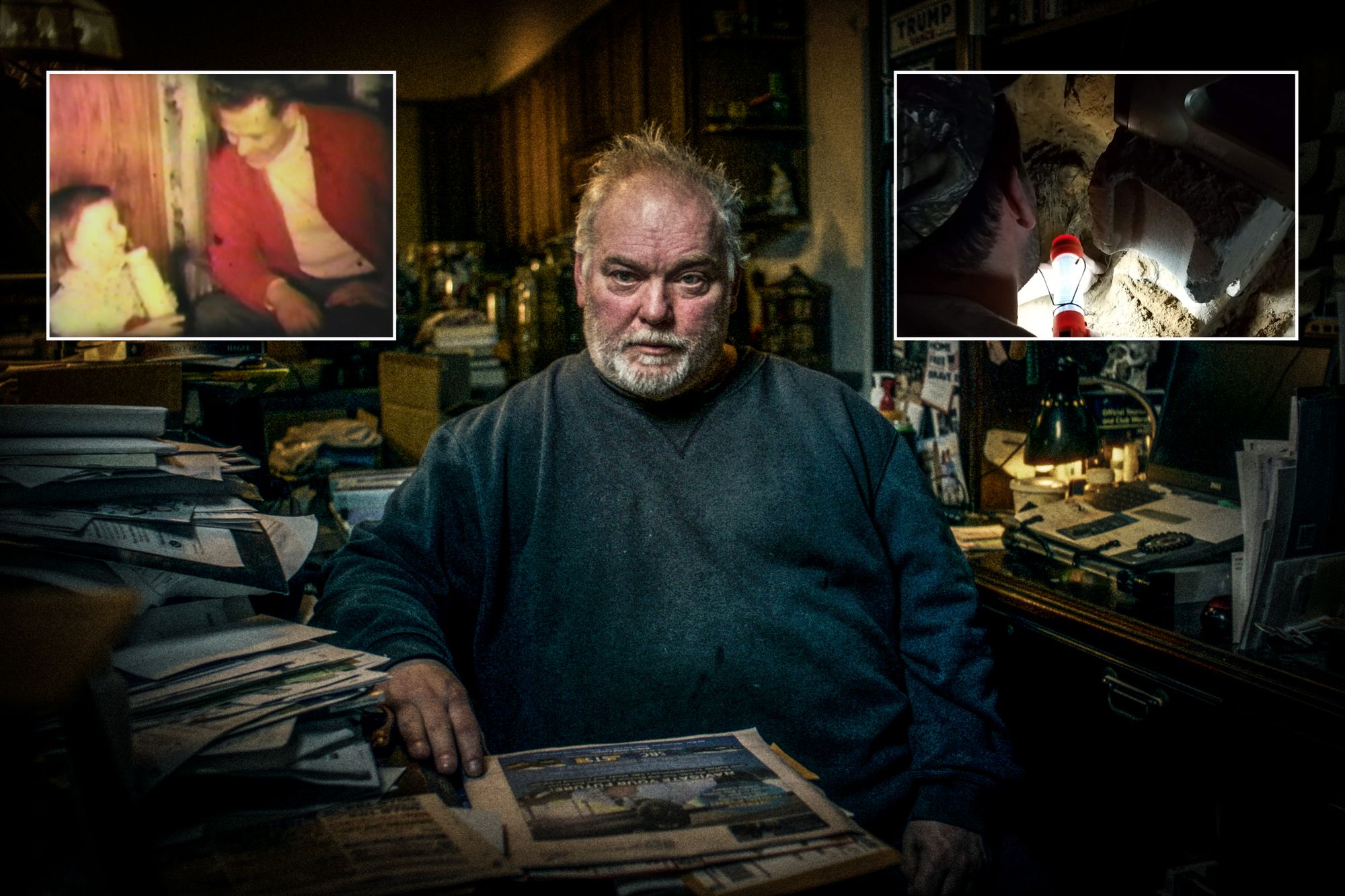 Mike Carroll at his home on Long Island. He spent years searching for his father, George (top left) only to make a grim discovery (right)