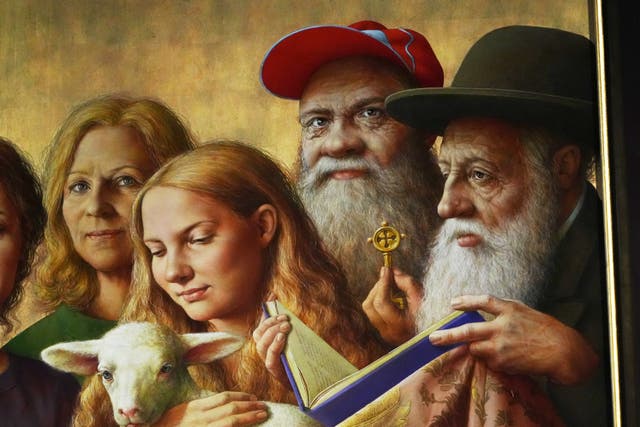 <p>Burkhard Scheffler, second from right, is portrayed as St. Peter in a painting by German artist Michael Triegel</p>
