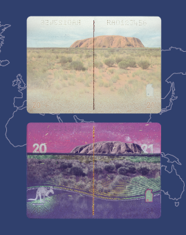  Pages from an Australian passport showing a night view of Uluru under ultra-violet light